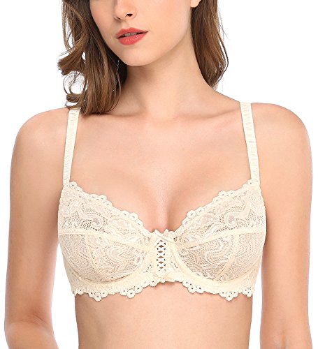 Deyllo Womenâ€™s Sheer Lace Bra Underwire Unlined Bra Full Coverage Non Paddedï¼ˆBeige,38DDD