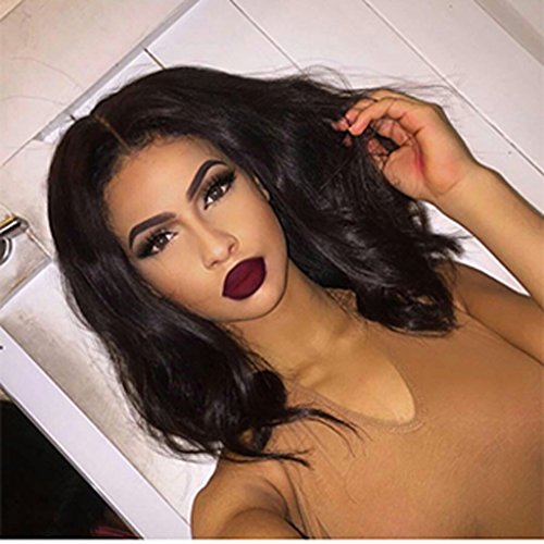 Modernfairy Hair Middle Part Short Wavy Bob Lace Front Wigs For Black Women Heat Resistant Synthetic Body Wave Wig Half Hand Tied Natural Black 14Inch