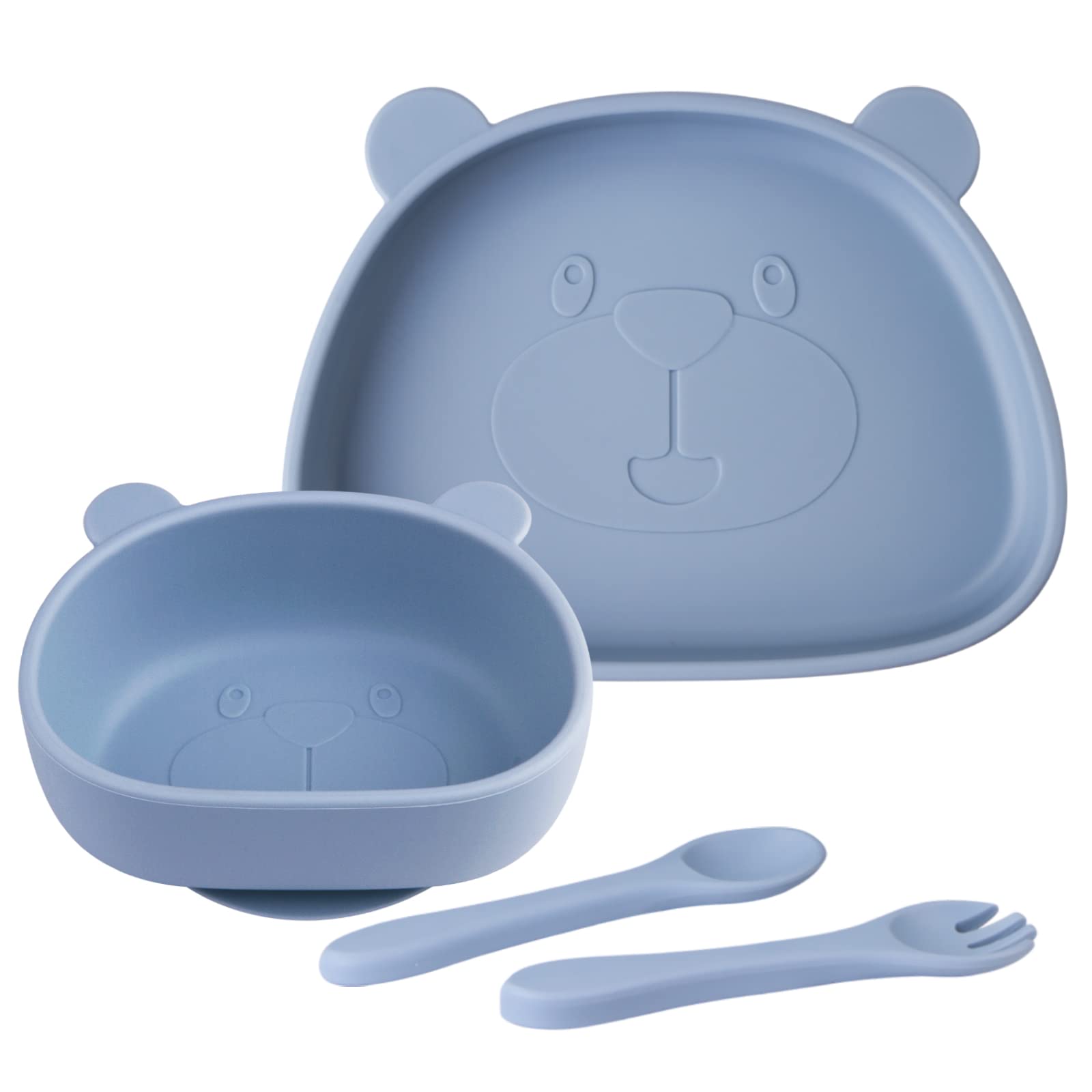 Suction Baby Plate and Bowl Set with Fork Spoon, Silicone Baby Led Weaning Supplies for Toddler Self Feeding, BPA Free Dishwasher and Microwave Safe (Dusty Blue) — image 1