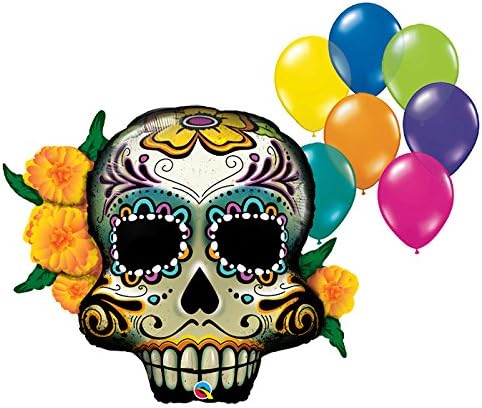 38" Day of the Dead Skull 8pc Fiesta Party Balloon Assortment Bundle by Fiesta Tribe - Birthday Halloween Party Decorations