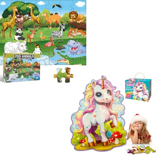 2-Pack Kids Puzzles,35 Piece Animal Puzzles and 45 Pcs Jumbo Jigsaw Large Unicorn Puzzle for Kids Ages 3-5,Preschool Learning & Education Toys, Gifts for 4-8 Year Old Boys and Girls