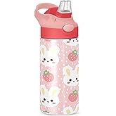 DIGTIA Cute Bunnies Strawberries Pink Insulated Water Bottle with Straw Handle for Kids 12 OZ Pastel Kawaii Stainless Steel Vacuum Insulated Cup for Hot and Cold Drinks Travel Tumbler for Toddler Girl