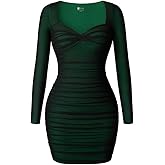 LAGSHIAN Women's Sexy Bodycon Mini Dress Square Neck Long Sleeve Mesh Ruched Party Short Dresses
