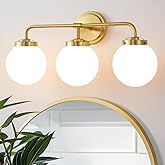 Deyidn Gold Bathroom Vanity Light Fixtures Over Mirror, Modern Brass 3 Lights Wall Sconce with Milky Glass Ball Shade, Mid Ce