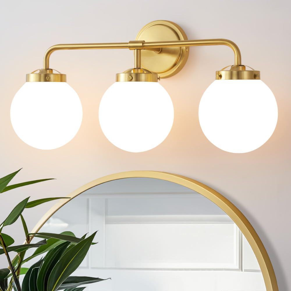 Photo 1 of Deyidn Gold Bathroom Vanity Light Fixtures Over Mirror, Modern Brass 3 Lights Wall Sconce with Milky Glass Ball Shade, Mid Century Farmhouse Vanity Lighting
