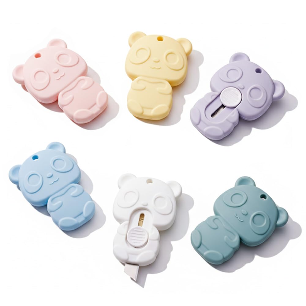 Photo 1 of 6 Pack Mini Box Cutter Retractable Utility Knife, Cute Panda Shaped Letter Opener Envelope Slitter, Portable Utility Pocket Knives for DIY Cutting Paper Home Office School Stationery