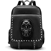 SandraWang 3D Skull Backpack for Women, Gothic PU Leather Studded Fashion Backpack with Anti-Theft Pocket, Fits A4 & 13 Inch, Black