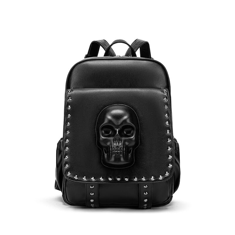 SandraWang 3D Gothic Skull Backpack for Women – Studded Punk Rock PU Leather Fashion Daypack with Hidden Anti-Theft Pocket, Fits A4 & 13” Laptop, Black at Amazon