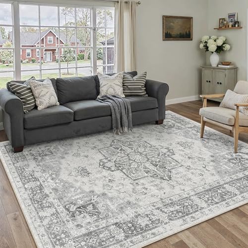 PureCozy Grau Vintage Teppich Wohnzimmer 140x200cm Waschbar