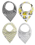 Baby Bandana Bibs with Two Adjustable Snaps for Boys and Girls, Infants and Toddlers from 3 to 36 Months - Set of 4 Cute Highly Absorbent Unisex Cotton Drooling and Teething Kids Bibs