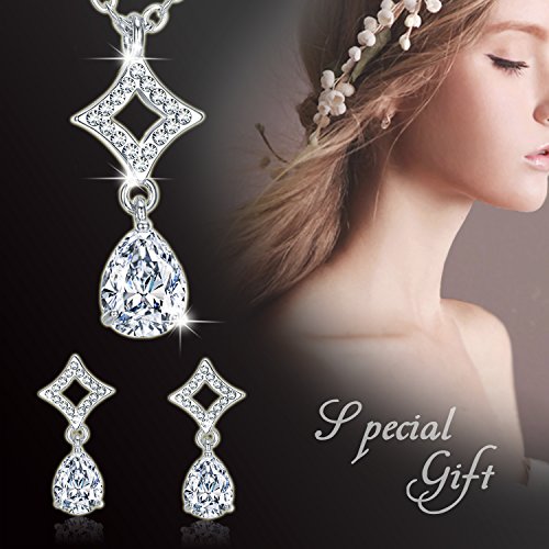 CZ Necklace Set, Water Drop Necklace Earrings Set Jewelry Gifts for Women, White Gold Plated
