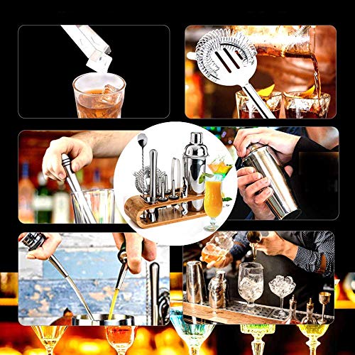 AYAOQIANG Cocktail Making Set, Cocktail Shaker Set 750ml Stainless Steel Bar Tool Set Bartender Kit with Wooden Display Stand (Silver)
