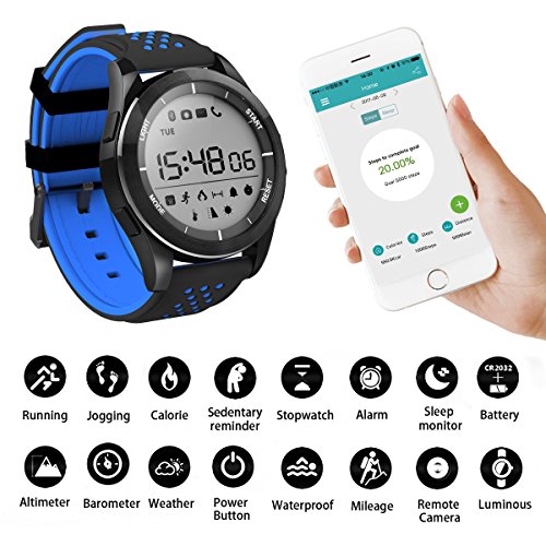 Smart Watches Sunsbell Bluetooth Smart Watch for Android/Iphone, Waterproof Fitness Tracker Watch Camera Pedometer Anti-Lost Watch Altimeter Barometer (Blue & Black)