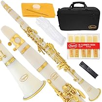 Lazarro 160-WH-L B-Flat Bb Clarinet White, Gold Keys with Case, 11 Reeds, Care Kit and Many Extras
