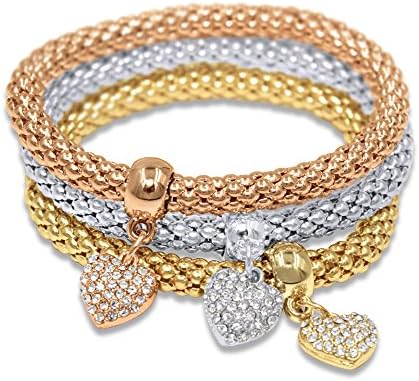 Tri-Color Trio Stretch Charm Bracelet Sets with Heart Charms in Silver, Gold and Copper Plating by eJools (16495)