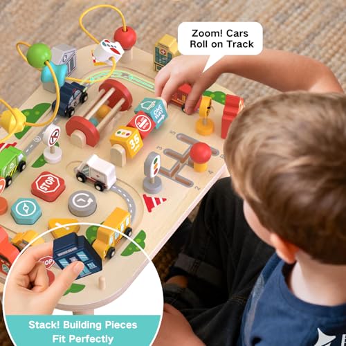 Weilim Baby Activity Table, Wooden Sensory Table with Bead Maze Sort Shapes and Train Circuit, Montessori Farm Toy, Educational Toy for Kids (Car)