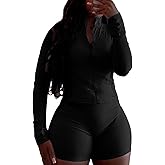 Aceilika Women 2 Piece Outfits Tracksuits Sweatsuit Sets Long Sleeve Zip Up Running Jacket High Waist Shorts Set