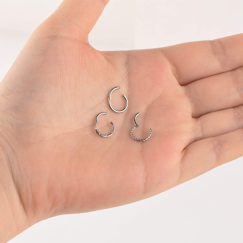 Mayhoop 3Pcs 16G=1.2mmx8mm Septum Rings Hoop Surgical Steel Silver Tragus Daith Helix Earrings Hinged Segment Clicker Rings Lip Rings Piercing Jewellery - Image 5