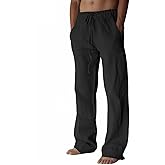 Men's Linen Pants Summer Cotton Beach Trousers Casual Lightweight Elastic Drawstring Waist Yoga Pants