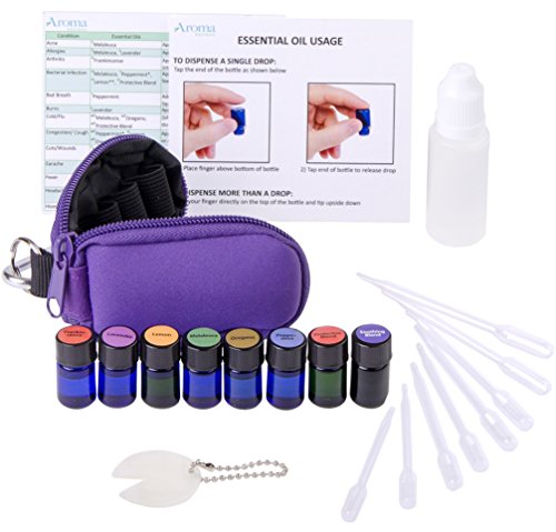 Aroma Designs Personal Health Care Kit - Key Chain Pouch & 8 100% Pure Therapeutic Grade Essential Oils - Protect Blend, Soothe Blend, Frankincense, Lemon, Lavender, Peppermint, Melaleuca, Oregano