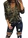 OQC Women's Camo Shirts Camouflage Print Choker V Neck Long Sleeve Lace Up Slim Tops Blouse
