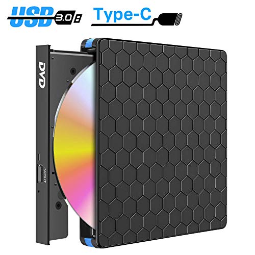 Wsky External CD DVD Drive, USB 3.0 Portable CD DVD Optical Drive, USB C High Speed Writer Burner Drive, Compatible with Laptop Desktop PC Windows XP/2003/Vista/7/8.1/10, Mac OS System, Linux