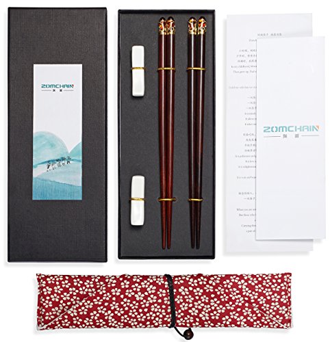 Zomchain King's Scepter Chinese Chopsticks Reusable Natural Wood With Holder and Carrying Bag Gift Set 2 sets Red