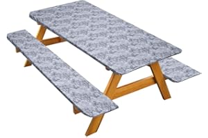 AKSIPO Vinyl Picnic Tablecloths and Bench Covers, Waterproof Wipeable Picnic Table and Bench Seat Covers with Elastic Edges for Outdoor Patio Park, Gray Marble Flannel Backed Lining, 72 Inch 3 Piece Set