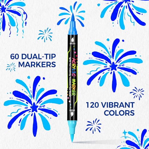 WINSONS 120 Colors Colouring Pens, Acrylic Paint Pens, Dual Brush Tip, Non-Toxic, Waterproof, Drawing Markers with Storage Case, Replaceble Nibs