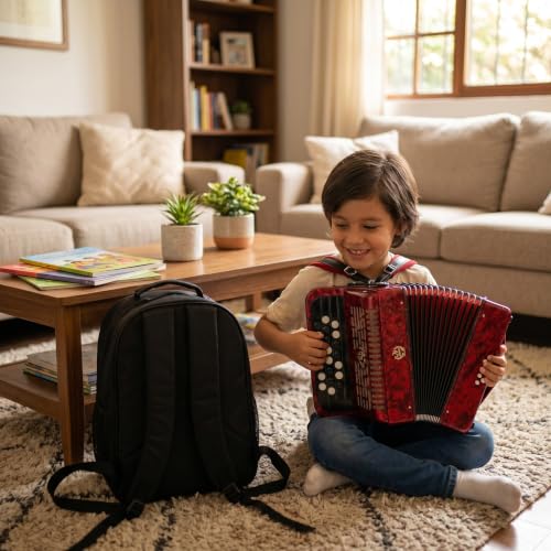Acordeón para Principiantes, 22 Teclas, 8 Bajos, Instrumento de Lengüeta de Botón Profesional para Principiantes con Bolsa de Almacenamiento (Rojo)