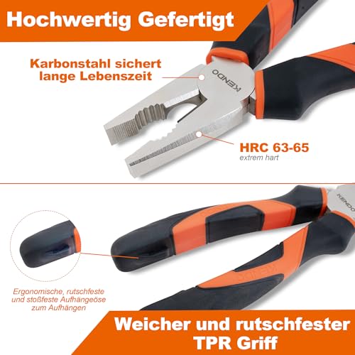KENDO Zangenset 3-teilig – Kombizange, Spitzzange & Seitenschneider – Zangen Set Werkstatt aus gehärtetem C55-Werkzeugstahl mit ergonomischen griffen – Zangenköpfe Nickel-Eisen-Beschichtung thumbnail 3