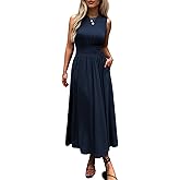 Evzeiem Women's Sleeveless Summer Maxi Dress Crewneck Casual Swing Pleated Long Dresses with Pockets