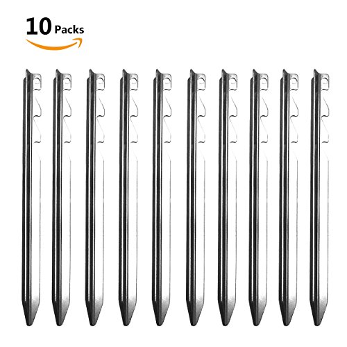 Telustyle Sturdy Tent Stakes with Reflective Pull Cords Heavy Duty Aluminum Adjustable Tri-Beam Tent Pegs for Garden Outdoor Camping Backpacking Essential Gear - 10 Pack (Silver)