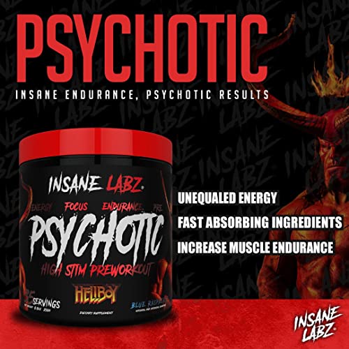 Insane Labz Hellboy Edition, High Stimulant Pre Workout Powder and NO Booster with Beta Alanine, L Citrulline, and Caffeine, Boosts Focus, Energy, Endurance, Nitric Oxide Levels, 35 Srvgs, Blue Rasp