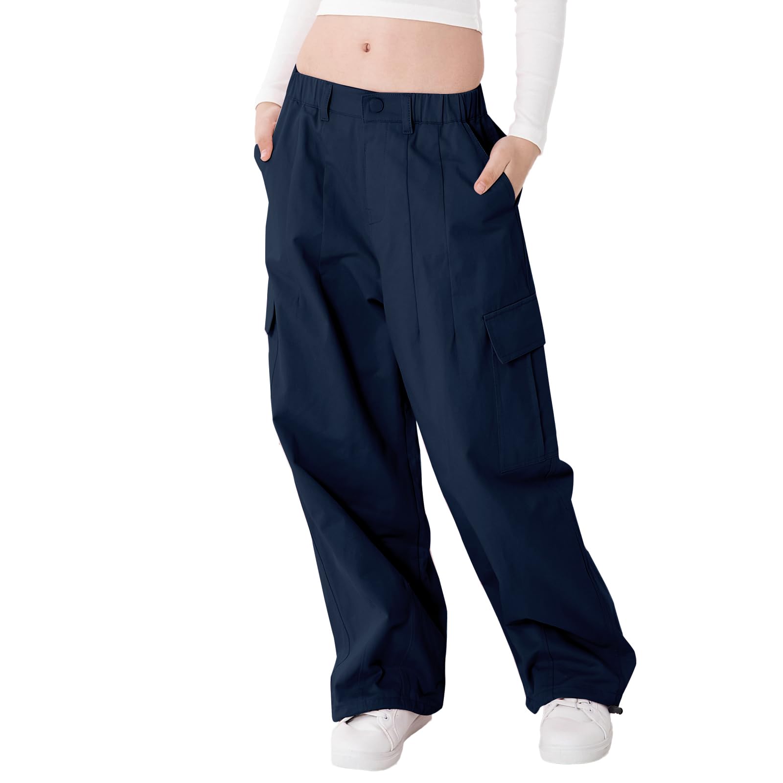 Photo 1 of Rolanko Girls Cargo Pants Wide Leg Streetwear Kids Pants with Pockets Trendy Jogger Trousers (Navy, 6-7)