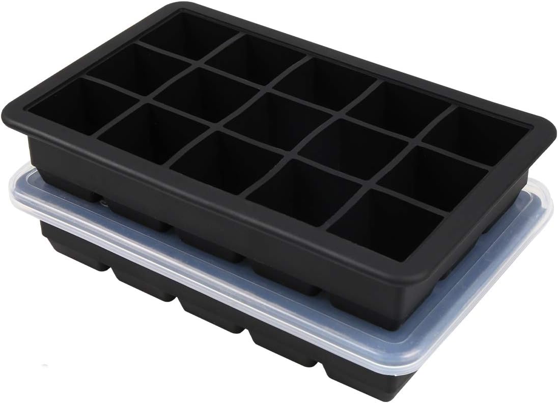 Meowoo Ice Cube Trays Silicone With Lids 2 Pack, Ice Cubes Mold Easy Release, Large Whiskey Cocktails Ice Cube Trays Food Grade BPA Free - 30 Ice Cubes (BLACK)