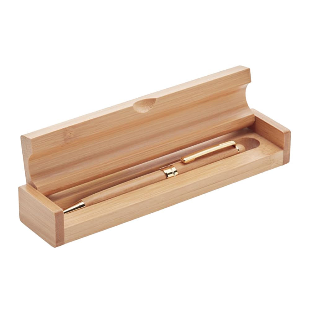 Gift box made of solid wood with ballpoint pen made of natural bamboo wood. Blue ink