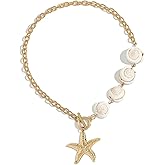 Gold Plated Starfish White Conch Imitation Pearl Charm Choker Pendant Necklace for Women Cute Seaside Beach Necklaces Toggle Clasp Hypoallergenic Fashion Trendy Summer Jewelry 16"