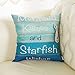 Fjfz Summer Decoration Mermaid Kisses and Starfish Wishes Beachy Blue Decor Coastal Quote Cotton Linen Home Decorative Throw Pillow Case Cushion Cover for Sea Beach Lover Sofa Couch, 18