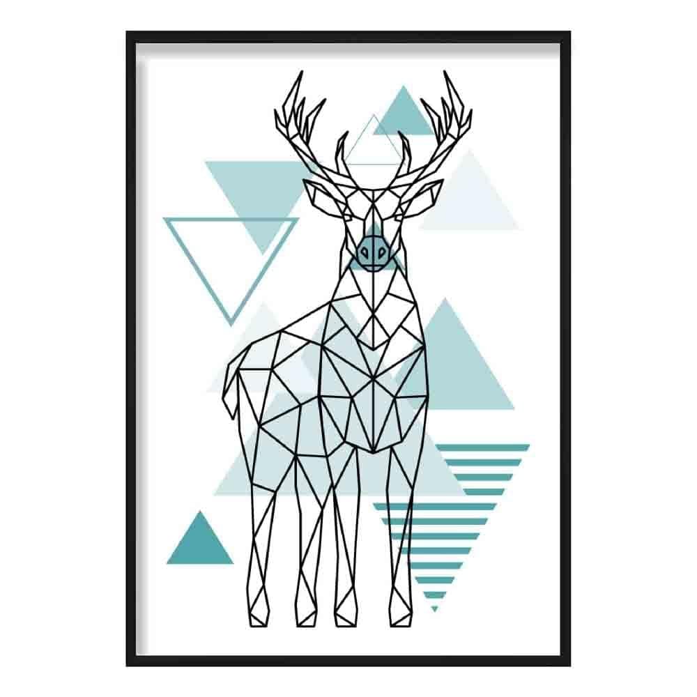 Artze Wall Art Majestic Stag Abstract Geometric Scandinavian Poster, 30 cm Width x 40 cm Height, Aqua Blue