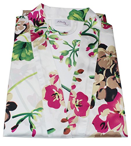 Ms Lovely Women's Floral Satin Bridesmaid Robe Short Kimono W/Pockets for Bridal Party - White XS/S