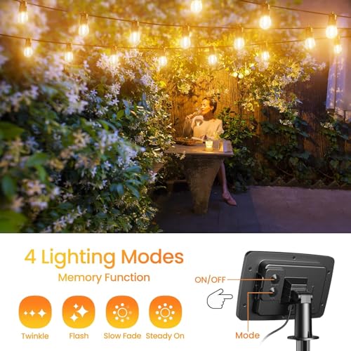 Guirnalda Luces Exterior Energía Solar & USB-C, 15M Cadena Solares, 4 Modos 16 LEDs Bombillas Luz, Impermeable IP65 Decorativas para Jardín, Terraza, Patio, Boda, Navidad