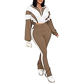 Vssjavun Women 2 Piece Outfit Color Block Long Sleeve Zip Drawstring Cropped Jacket Bodycon Long Pants Set Sweatsuit