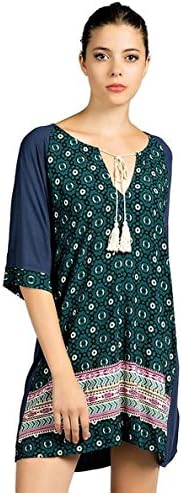 Kori America Women's Boho Chic Mixed Print Dress (Large, Navy)
