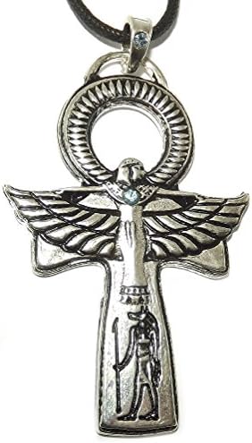 Large Egyptian Ankh Pendant with Anubis and Isis decoration - Silver Plated Necklace