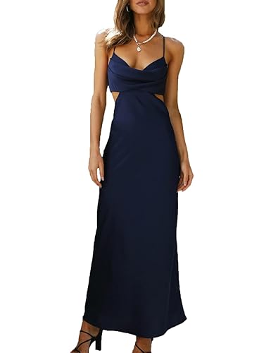 Fiemaoves Satin Silk Slip Backless Maxi Dress for Wedding Guest