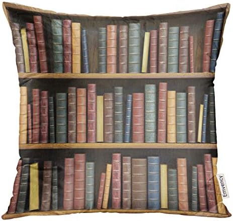 UPOOS Throw Pillow Cover Brown Shelf Vintage Books on Bookshelf White Education Library Store Concept 3D Antique Bookcase Decorative Pillow Case Home Decor Square 18x18 Inches Pillowcase
