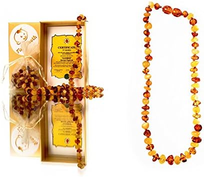 Baltic Amber Teething Necklace for Maximum Pain Relief and Reduced Drooling. Non Toxic Safe to Chew On. Made in Poland 100% Natural and Authentic. (First Tooth -Multi)