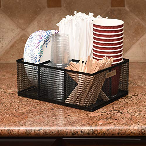 Eltow Cutlery Utensil Holder - Organizer Caddy with 5 Slots for Cups, Forks, Spoons, Plates, Napkins, Condiments and More - Mesh Holder is Excellent for Silverware Organization, Home and Kitchen Décor