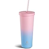 Manna Chilly Double-wall Vacuum Insulated Stainless Steel Tumbler with Splash-proof Lid and Reusable Tritan Straw - 24 Oz - Sky Blue Ombre